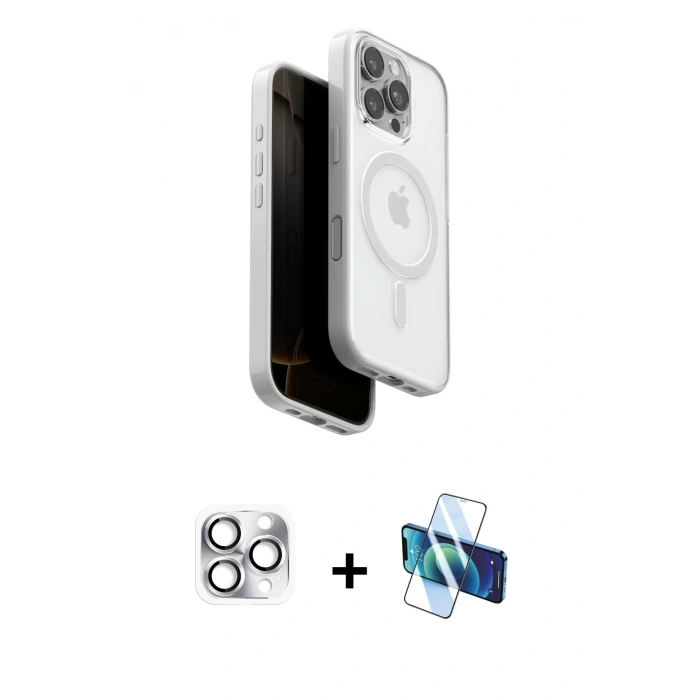 MARSİLYAN™- iPhone 16 Pro Max Kılıf Pusula Form Serisi - Siyah 3D Antistatik Cam Ekran Koruyucu + Pers Alüminyum Kamera Lens - GS