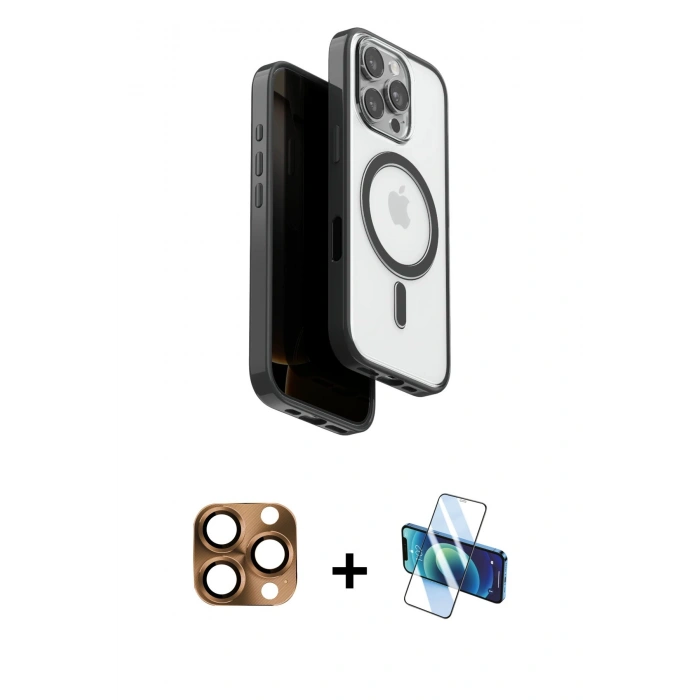 MARSİLYAN™- iPhone 16 Pro Max Kılıf Pusula Form Serisi - Siyah 3D Antistatik Cam Ekran Koruyucu + Pers Alüminyum Kamera Lens - CLTM