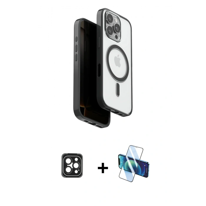 MARSİLYAN™- iPhone 16 Pro Max Kılıf Pusula Form Serisi - Siyah 3D Antistatik Cam Ekran Koruyucu + PVD Metal Kamera Lens - SH