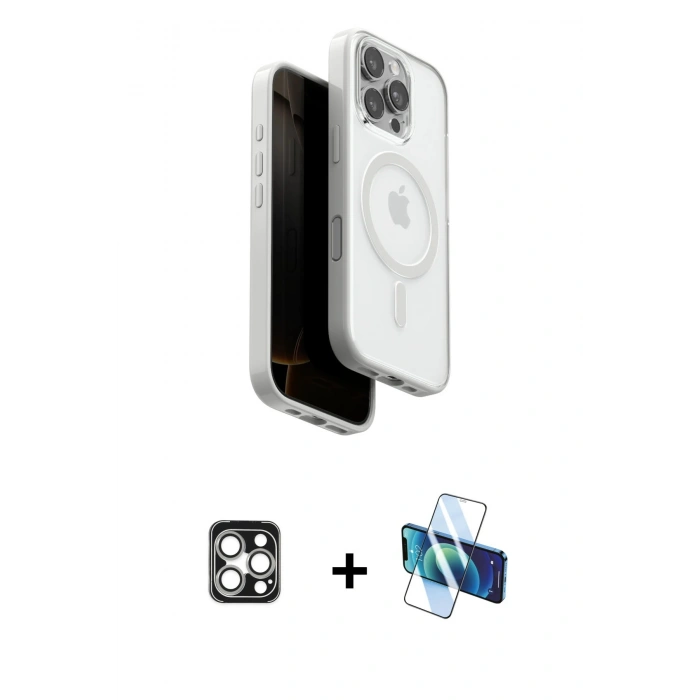 MARSİLYAN™- iPhone 16 Pro Max Kılıf Pusula Form Serisi - Siyah 3D Antistatik Cam Ekran Koruyucu + PVD Metal Kamera Lens - GS
