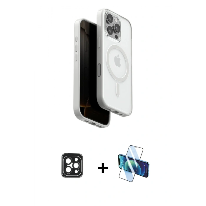MARSİLYAN™- iPhone 16 Pro Max Kılıf Pusula Form Serisi - Siyah 3D Antistatik Cam Ekran Koruyucu + PVD Metal Kamera Lens - SH