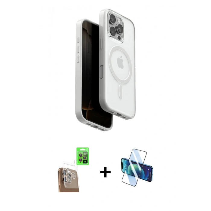 MARSİLYAN™- iPhone 16 Pro Max Kılıf Pusula Form Serisi - Siyah 3D Antistatik Cam Ekran Koruyucu + Raze Metal Kamera Lens - CLTM