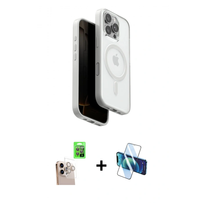 MARSİLYAN™- iPhone 16 Pro Max Kılıf Pusula Form Serisi - Siyah 3D Antistatik Cam Ekran Koruyucu + Raze Metal Kamera Lens - NLGY