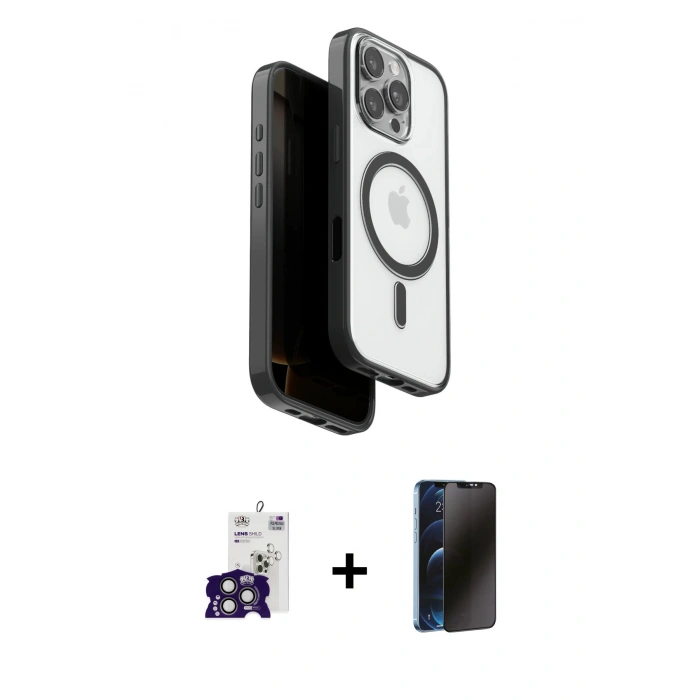 MARSİLYAN™- iPhone 16 Pro Max Kılıf Pusula Form Serisi - Siyah 3D Antistatik Hayalet Cam Ekran Koruyucu + Bilvis Titan Kamera Lens - TMGI