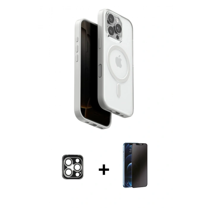 MARSİLYAN™- iPhone 16 Pro Max Kılıf Pusula Form Serisi - Siyah 3D Antistatik Hayalet Cam Ekran Koruyucu + PVD Metal Kamera Lens - GS