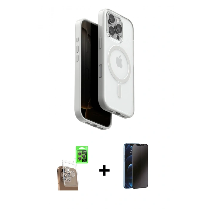 MARSİLYAN™- iPhone 16 Pro Max Kılıf Pusula Form Serisi - Siyah 3D Antistatik Hayalet Cam Ekran Koruyucu + Raze Metal Kamera Lens - CLTM