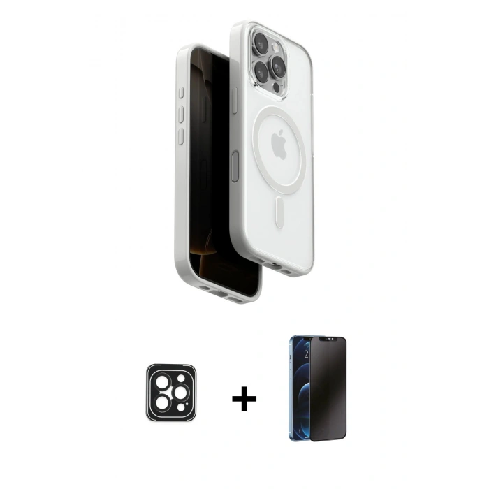 MARSİLYAN™- iPhone 16 Pro Max Kılıf Pusula Form Serisi - Siyah 3D Antistatik Hayalet Cam Ekran Koruyucu + PVD Metal Kamera Lens - SH
