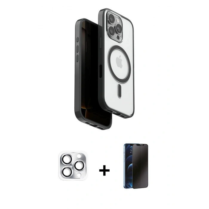 MARSİLYAN™- iPhone 16 Pro Max Kılıf Pusula Form Serisi - Siyah 3D Antistatik Hayalet Cam Ekran Koruyucu + Pers Alüminyum Kamera Lens - GS