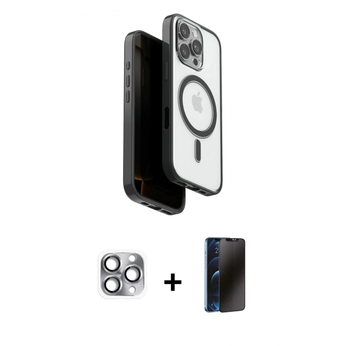 MARSİLYAN™- iPhone 16 Pro Max Kılıf Pusula Form Serisi - Siyah 3D Antistatik Hayalet Cam Ekran Koruyucu + Pers Alüminyum Kamera Lens - GI