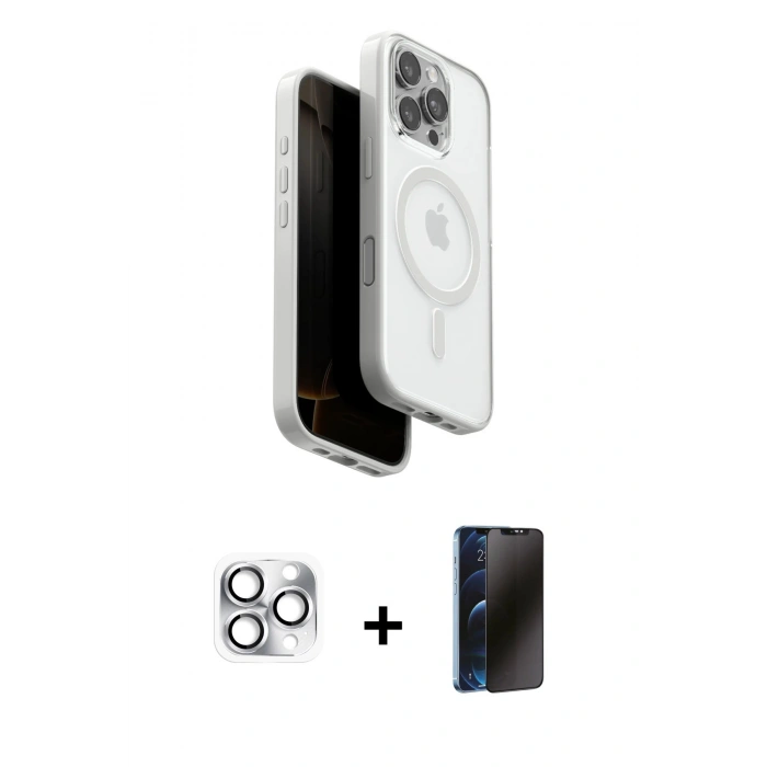MARSİLYAN™- iPhone 16 Pro Max Kılıf Pusula Form Serisi - Siyah 3D Antistatik Hayalet Cam Ekran Koruyucu + Pers Alüminyum Kamera Lens - GS