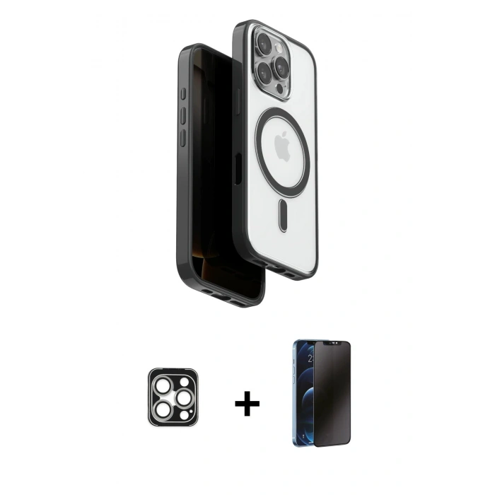 MARSİLYAN™- iPhone 16 Pro Max Kılıf Pusula Form Serisi - Siyah 3D Antistatik Hayalet Cam Ekran Koruyucu + PVD Metal Kamera Lens - GS