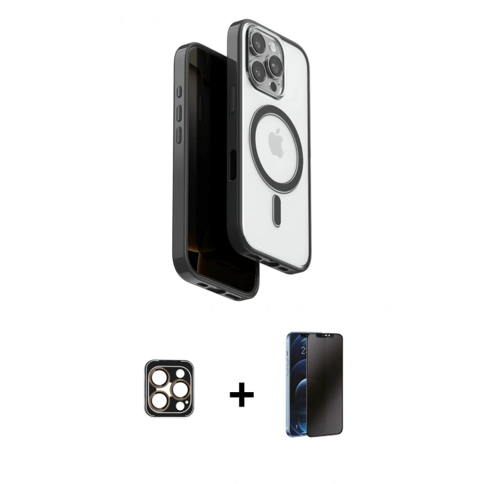MARSİLYAN™- iPhone 16 Pro Max Kılıf Pusula Form Serisi - Siyah 3D Antistatik Hayalet Cam Ekran Koruyucu + PVD Metal Kamera Lens - GD