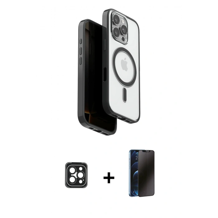 MARSİLYAN™- iPhone 16 Pro Max Kılıf Pusula Form Serisi - Siyah 3D Antistatik Hayalet Cam Ekran Koruyucu + PVD Metal Kamera Lens - SH