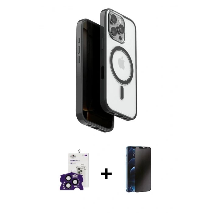 MARSİLYAN™- iPhone 16 Pro Max Kılıf Pusula Form Serisi - Siyah 3D Antistatik Hayalet Cam Ekran Koruyucu + Bilvis Titan Kamera Lens - SH