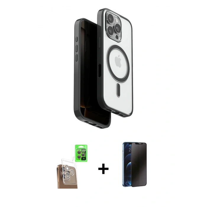 MARSİLYAN™- iPhone 16 Pro Max Kılıf Pusula Form Serisi - Siyah 3D Antistatik Hayalet Cam Ekran Koruyucu + Raze Metal Kamera Lens - CLTM