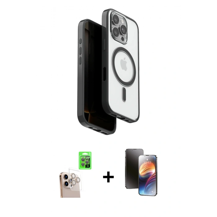 MARSİLYAN™- iPhone 16 Pro Max Kılıf Pusula Form Serisi - Siyah 3D Antistatik Mat Seramik Nano Ekran Koruyucu + Raze Metal Kamera Lens - NLGY