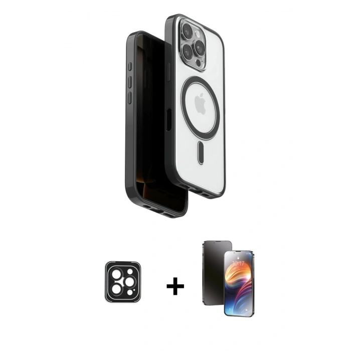 MARSİLYAN™- iPhone 16 Pro Max Kılıf Pusula Form Serisi - Siyah 3D Antistatik Mat Seramik Nano Ekran Koruyucu + PVD Metal Kamera Lens - SH