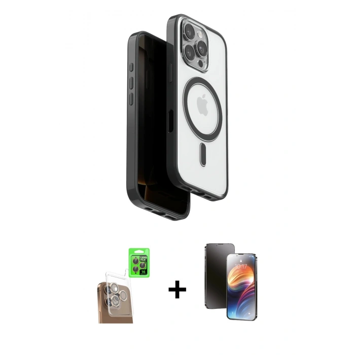 MARSİLYAN™- iPhone 16 Pro Max Kılıf Pusula Form Serisi - Siyah 3D Antistatik Mat Seramik Nano Ekran Koruyucu + Raze Metal Kamera Lens - CLTM