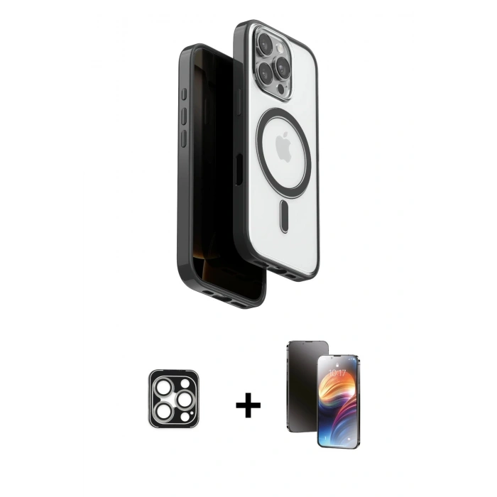 MARSİLYAN™- iPhone 16 Pro Max Kılıf Pusula Form Serisi - Siyah 3D Antistatik Mat Seramik Nano Ekran Koruyucu + PVD Metal Kamera Lens - GS