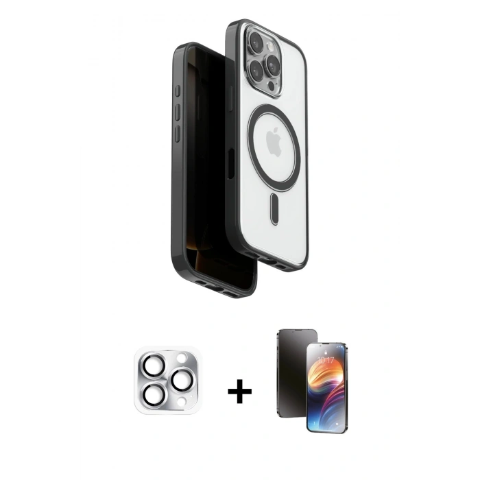 MARSİLYAN™- iPhone 16 Pro Max Kılıf Pusula Form Serisi - Siyah 3D Antistatik Mat Seramik Nano Ekran Koruyucu + Pers Alüminyum Kamera Lens - GS