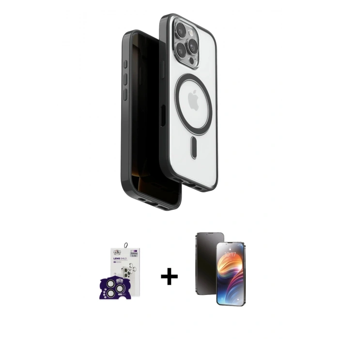 MARSİLYAN™- iPhone 16 Pro Max Kılıf Pusula Form Serisi - Siyah 3D Antistatik Mat Seramik Nano Ekran Koruyucu + Titanyum Gri Bilvis Titan Kamera Lens