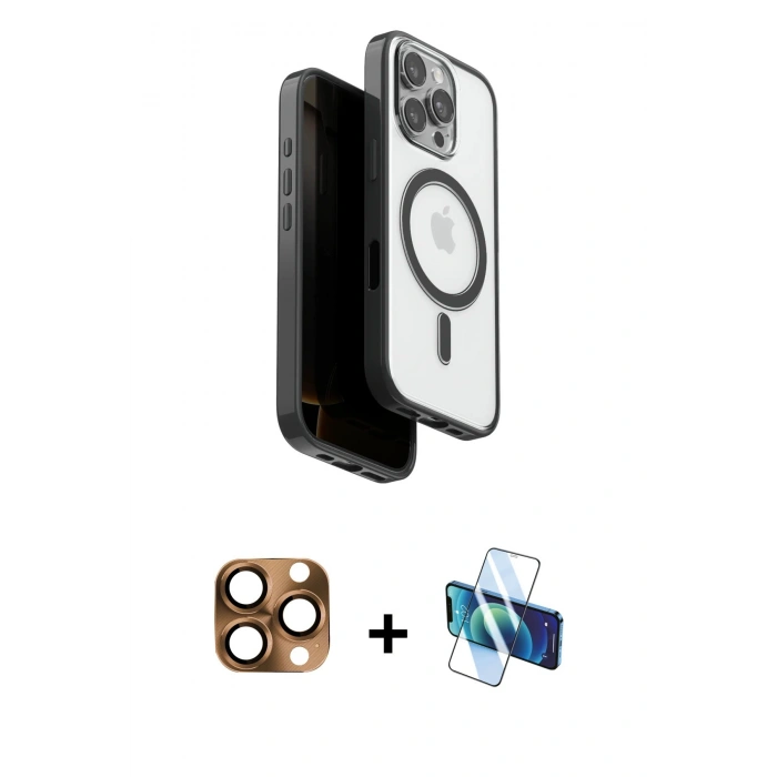 MARSİLYAN™- iPhone 16 Pro Max Kılıf Pusula Form Serisi - Siyah 3D Antistatik Seramik Nano Ekran Koruyucu + Çöl Titanyum Pers Alüminyum Kamera Lens