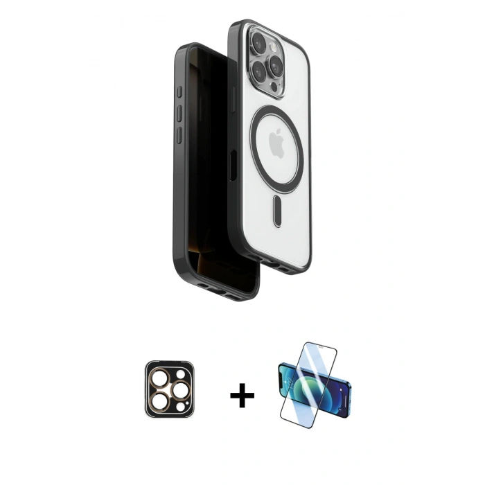 MARSİLYAN™- iPhone 16 Pro Max Kılıf Pusula Form Serisi - Siyah 3D Antistatik Seramik Nano Ekran Koruyucu + Gold PVD Metal Kamera Lens