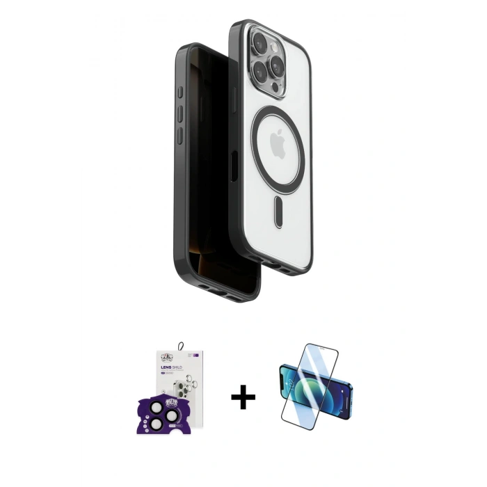 MARSİLYAN™- iPhone 16 Pro Max Kılıf Pusula Form Serisi - Siyah 3D Antistatik Seramik Nano Ekran Koruyucu + Bilvis Titan Kamera Lens - SH