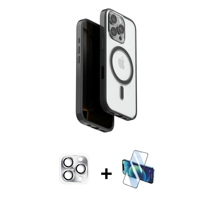 MARSİLYAN™- iPhone 16 Pro Max Kılıf Pusula Form Serisi - Siyah 3D Antistatik Seramik Nano Ekran Koruyucu + Pers Alüminyum Kamera Lens - GS