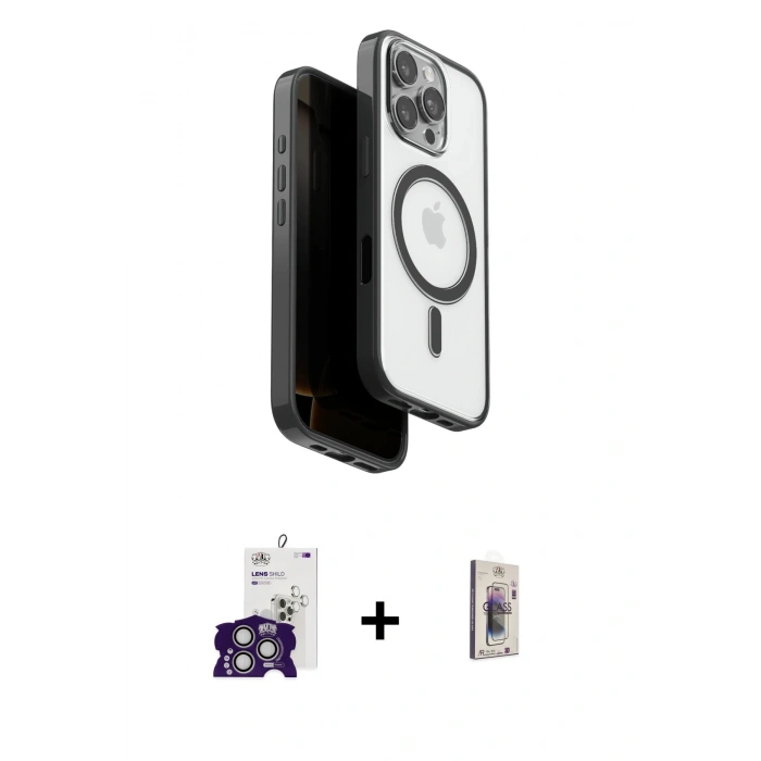 MARSİLYAN™- iPhone 16 Pro Max Kılıf Pusula Form Serisi - Siyah Bilvis 3D Cam Ekran Koruyucu + Bilvis Titan Kamera Lens - GS