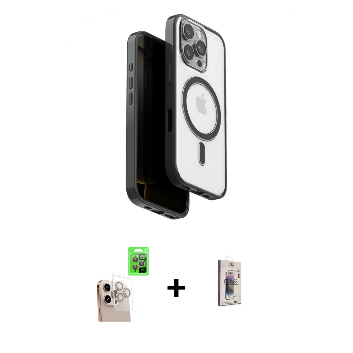 MARSİLYAN™- iPhone 16 Pro Max Kılıf Pusula Form Serisi - Siyah Bilvis 3D Cam Ekran Koruyucu + Raze Metal Kamera Lens - NLGY