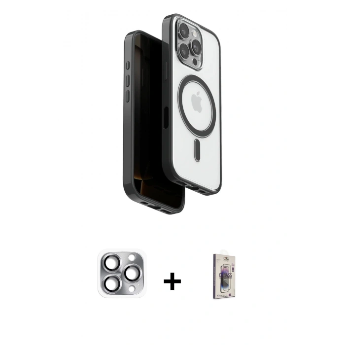 MARSİLYAN™- iPhone 16 Pro Max Kılıf Pusula Form Serisi - Siyah Bilvis 3D Cam Ekran Koruyucu + Pers Alüminyum Kamera Lens - GI