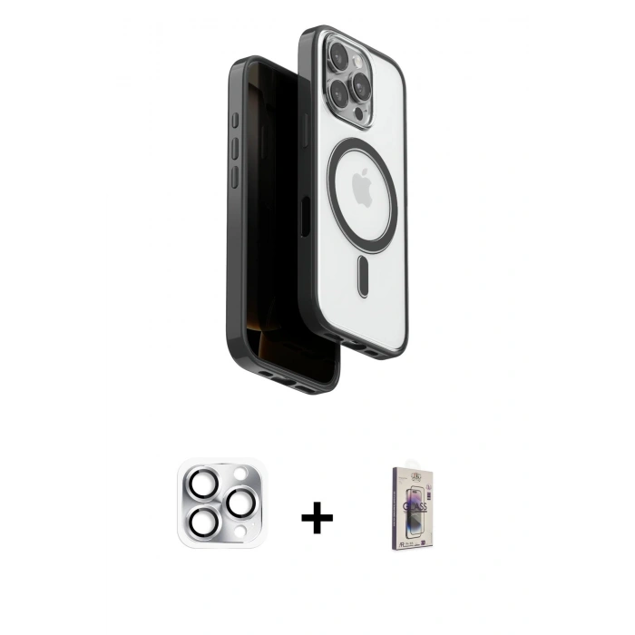 MARSİLYAN™- iPhone 16 Pro Max Kılıf Pusula Form Serisi - Siyah Bilvis 3D Cam Ekran Koruyucu + Pers Alüminyum Kamera Lens - GS