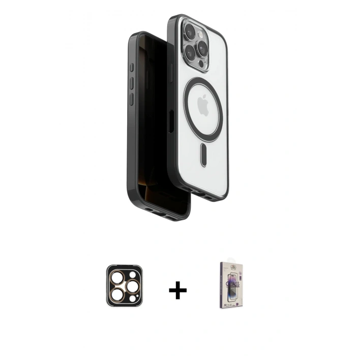 MARSİLYAN™- iPhone 16 Pro Max Kılıf Pusula Form Serisi - Siyah Bilvis 3D Cam Ekran Koruyucu + PVD Metal Kamera Lens - GD
