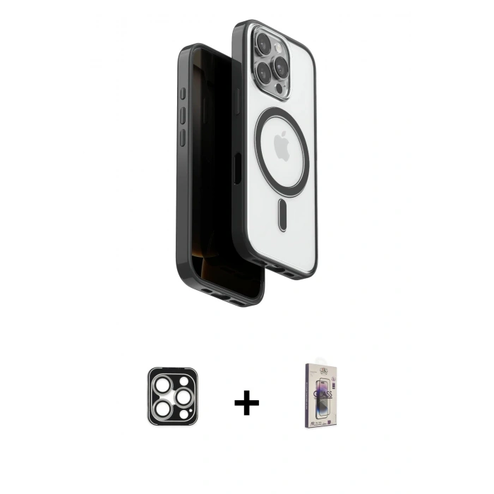MARSİLYAN™- iPhone 16 Pro Max Kılıf Pusula Form Serisi - Siyah Bilvis 3D Cam Ekran Koruyucu + PVD Metal Kamera Lens - GS