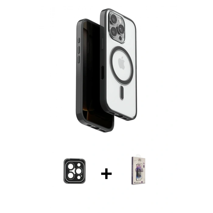 MARSİLYAN™- iPhone 16 Pro Max Kılıf Pusula Form Serisi - Siyah Bilvis 3D Cam Ekran Koruyucu + PVD Metal Kamera Lens - SH