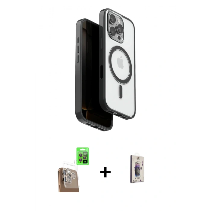 MARSİLYAN™- iPhone 16 Pro Max Kılıf Pusula Form Serisi - Siyah Bilvis 3D Cam Ekran Koruyucu + Raze Metal Kamera Lens - CLTM