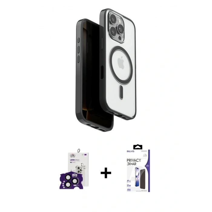 MARSİLYAN™- iPhone 16 Pro Max Kılıf Pusula Form Serisi - Siyah Bilvis 3X AR Hayalet Cam Ekran Koruyucu + Bilvis Titan Kamera Lens - SH