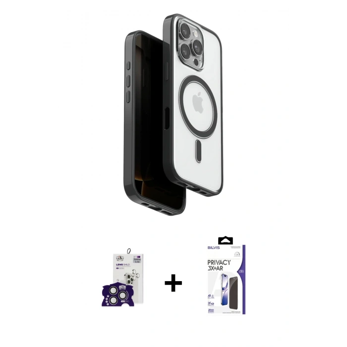 MARSİLYAN™- iPhone 16 Pro Max Kılıf Pusula Form Serisi - Siyah Bilvis 3X AR Hayalet Cam Ekran Koruyucu + Bilvis Titan Kamera Lens - TMGI