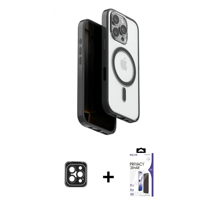 MARSİLYAN™- iPhone 16 Pro Max Kılıf Pusula Form Serisi - Siyah Bilvis 3X AR Hayalet Cam Ekran Koruyucu + PVD Metal Kamera Lens - SH