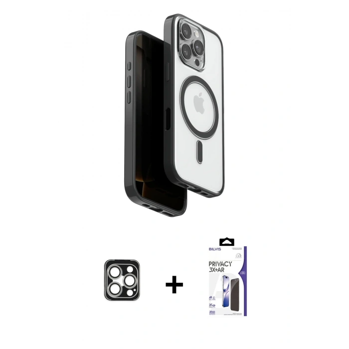 MARSİLYAN™- iPhone 16 Pro Max Kılıf Pusula Form Serisi - Siyah Bilvis 3X AR Hayalet Cam Ekran Koruyucu + PVD Metal Kamera Lens - GS