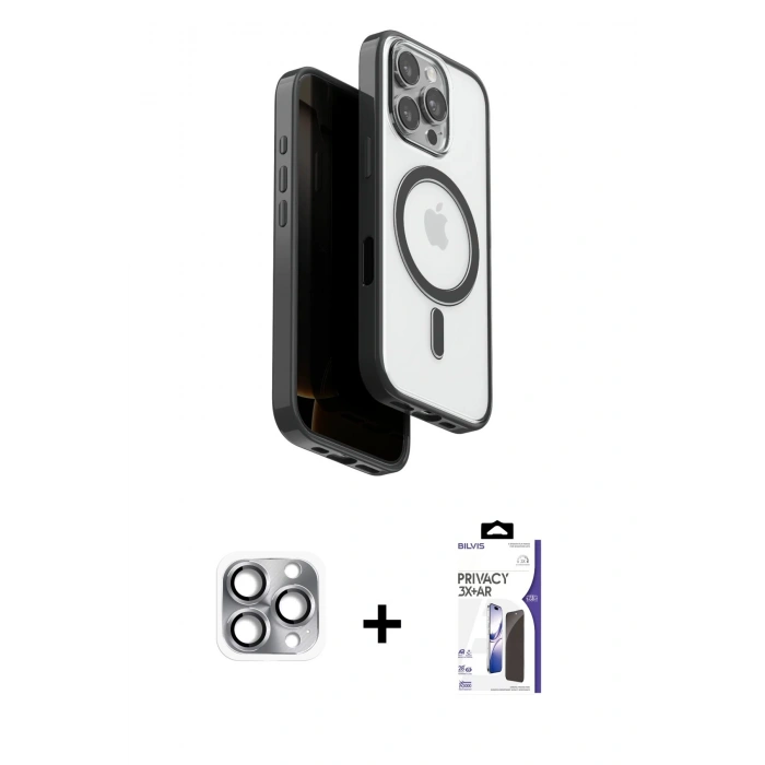 MARSİLYAN™- iPhone 16 Pro Max Kılıf Pusula Form Serisi - Siyah Bilvis 3X AR Hayalet Cam Ekran Koruyucu + Pers Alüminyum Kamera Lens - GI
