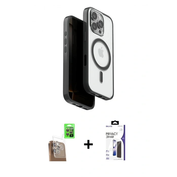MARSİLYAN™- iPhone 16 Pro Max Kılıf Pusula Form Serisi - Siyah Bilvis 3X AR Hayalet Cam Ekran Koruyucu + Raze Metal Kamera Lens - CLTM
