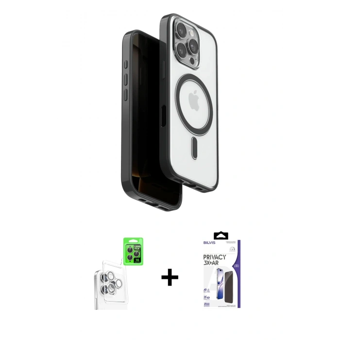 MARSİLYAN™- iPhone 16 Pro Max Kılıf Pusula Form Serisi - Siyah Bilvis 3X AR Hayalet Cam Ekran Koruyucu + Raze Metal Kamera Lens - BZ