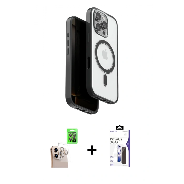 MARSİLYAN™- iPhone 16 Pro Max Kılıf Pusula Form Serisi - Siyah Bilvis 3X AR Hayalet Cam Ekran Koruyucu + Raze Metal Kamera Lens - NLGY