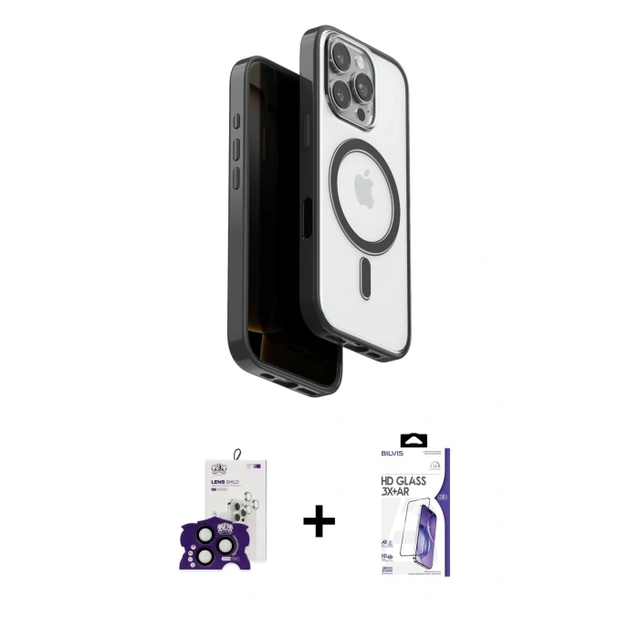 MARSİLYAN™- iPhone 16 Pro Max Kılıf Pusula Form Serisi - Siyah Bilvis 3X AR HD Cam Ekran Koruyucu + Bilvis Titan Kamera Lens - SH