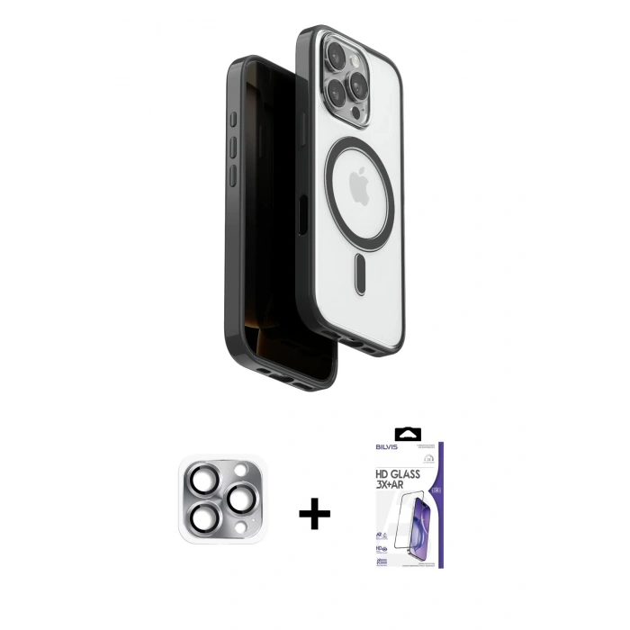 MARSİLYAN™- iPhone 16 Pro Max Kılıf Pusula Form Serisi - Siyah Bilvis 3X AR HD Cam Ekran Koruyucu + Pers Alüminyum Kamera Lens - GI
