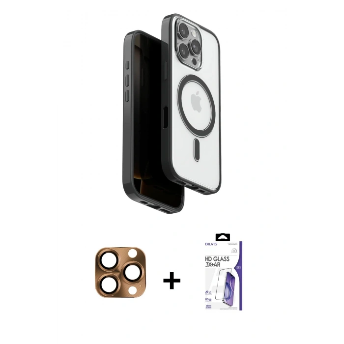 MARSİLYAN™- iPhone 16 Pro Max Kılıf Pusula Form Serisi - Siyah Bilvis 3X AR HD Cam Ekran Koruyucu + Pers Alüminyum Kamera Lens - CLTM
