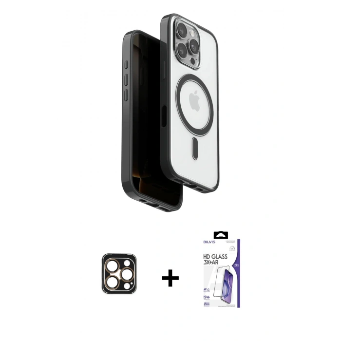 MARSİLYAN™- iPhone 16 Pro Max Kılıf Pusula Form Serisi - Siyah Bilvis 3X AR HD Cam Ekran Koruyucu + PVD Metal Kamera Lens - GD