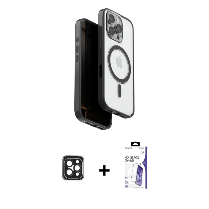 MARSİLYAN™- iPhone 16 Pro Max Kılıf Pusula Form Serisi - Siyah Bilvis 3X AR HD Cam Ekran Koruyucu + PVD Metal Kamera Lens - SH